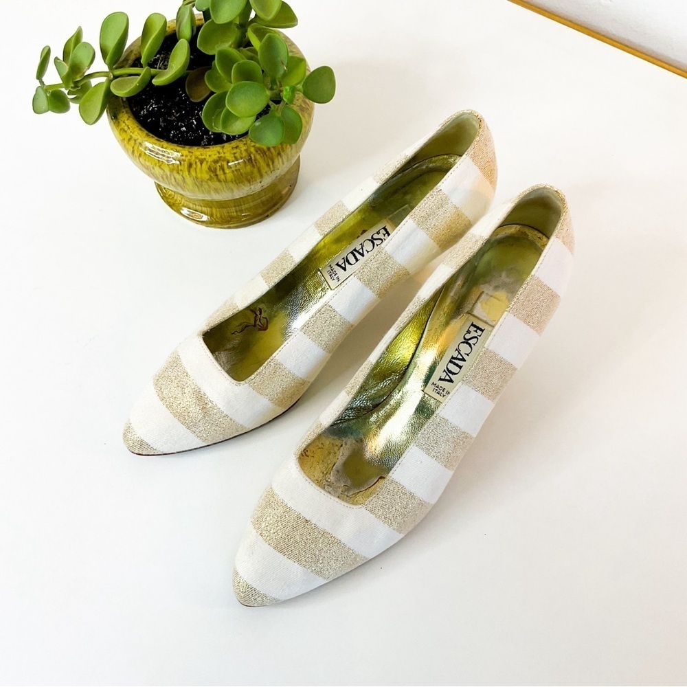 Vintage 80s ESCADA Tan & Cream Striped Glittery Pumps With Leather Soles
